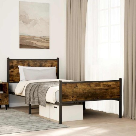 Cadre de lit en métal sans matelas chêne fumé 107x203 cm 