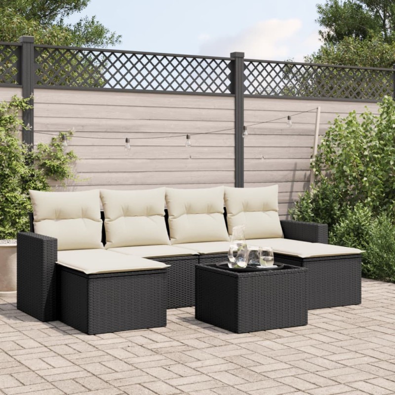 Salon de jardin 7 pcs avec coussins noir résine tressée 