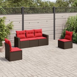 Salon de jardin avec coussins 5 pcs marron résine tressée 