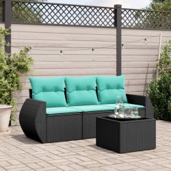 Salon de jardin 4 pcs avec coussins noir résine tressée 