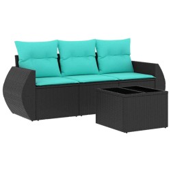 Salon de jardin 4 pcs avec coussins noir résine tressée 
