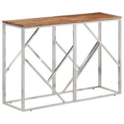 Table console argenté acier inoxydable et bois massif d'acacia 