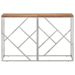 Table console argenté acier inoxydable et bois massif d'acacia 