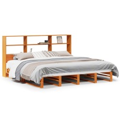Lit bibliothèque sans matelas cire marron 200x200cm bois massif 
