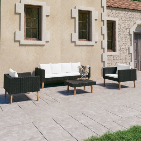 Salon de jardin 4 pcs avec coussins Résine tressée Noir 