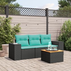 Salon de jardin 4 pcs avec coussins noir résine tressée 