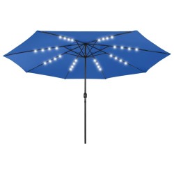 Parasol de jardin avec lumières LED et mât en métal bleu azuré 