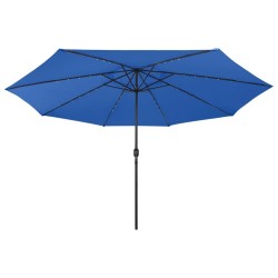 Parasol de jardin avec lumières LED et mât en métal bleu azuré 