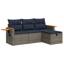 Salon de jardin 4 pcs avec coussins gris résine tressée 