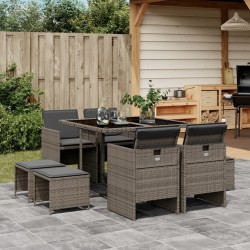 Ensemble à manger de jardin 9 pcs coussins gris résine tressée 