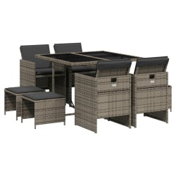 Ensemble à manger de jardin 9 pcs coussins gris résine tressée 