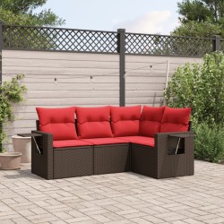 Salon de jardin 4 pcs avec coussins marron résine tressée 