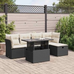 Salon de jardin 6 pcs avec coussins noir résine tressée 