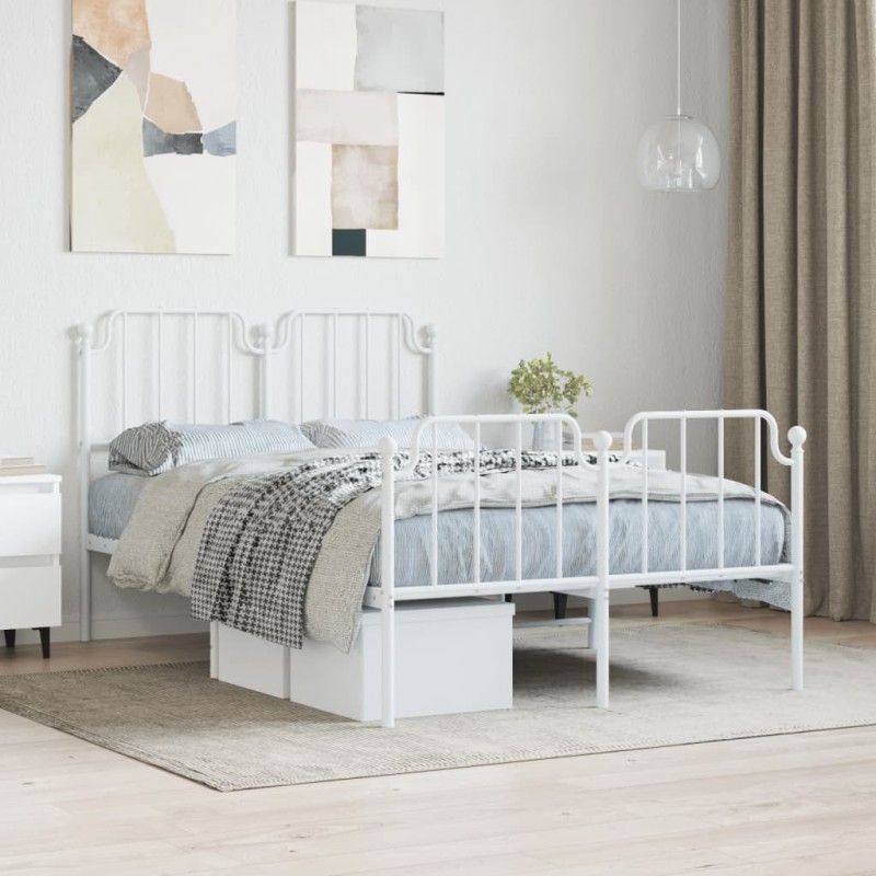 Cadre de lit métal sans matelas et pied de lit blanc 120x190 cm 