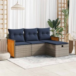 Salon de jardin 4 pcs avec coussins gris résine tressée 