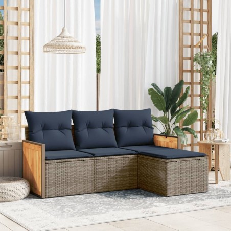 Salon de jardin 4 pcs avec coussins gris résine tressée 