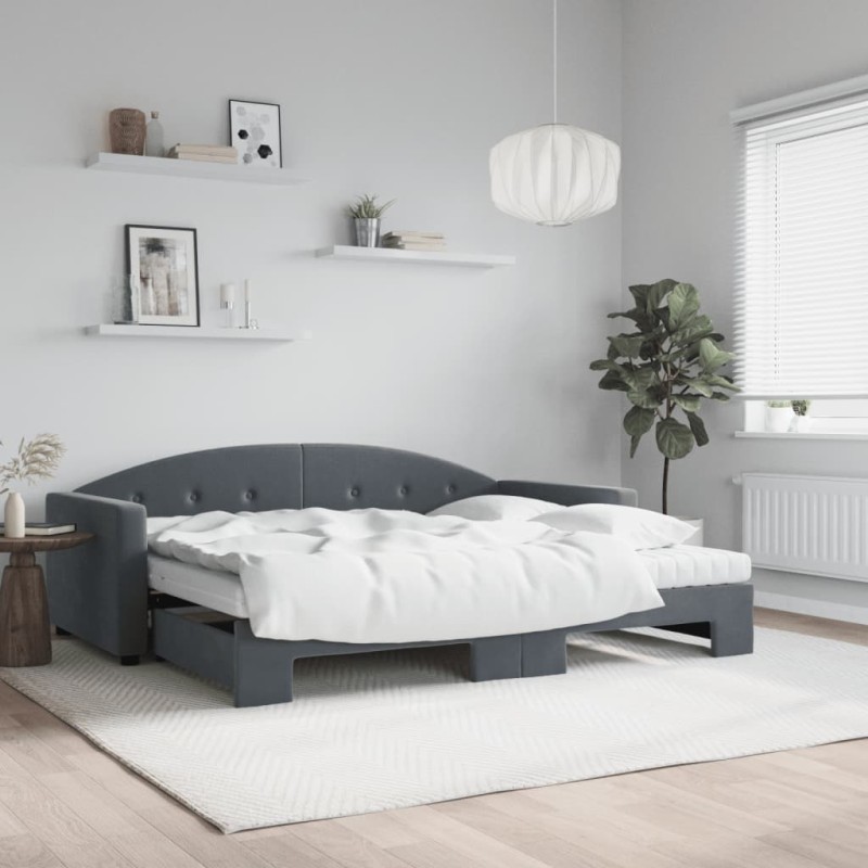 Lit de jour avec gigogne et matelas gris foncé 90x190cm velours 
