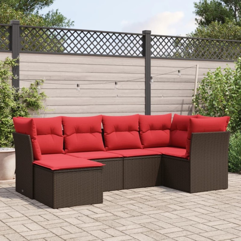 Salon de jardin 6 pcs avec coussins marron résine tressée 