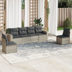 Salon de jardin 6 pcs avec coussins gris clair résine tressée 