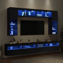 Ensemble de meubles TV muraux 8 pcs avec lumières LED noir 