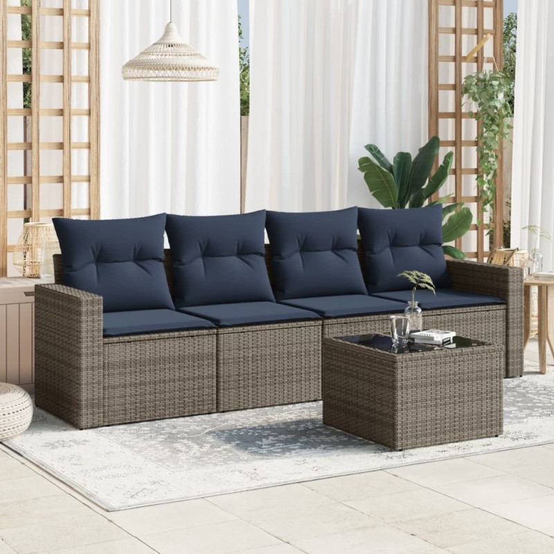 Salon de jardin 5 pcs avec coussins gris résine tressée 