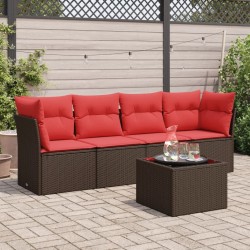 Salon de jardin avec coussins 5 pcs marron résine tressée 