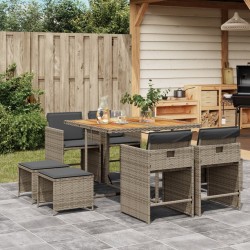 Ensemble à manger de jardin 9 pcs coussins gris résine tressée 