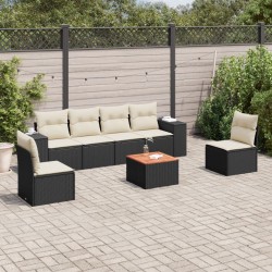 Salon de jardin 7 pcs avec coussins noir résine tressée 