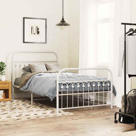 Cadre de lit métal sans matelas et pied de lit blanc 107x203 cm 