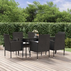 Ensemble à manger de jardin coussins 7pcs Noir Résine tressée 