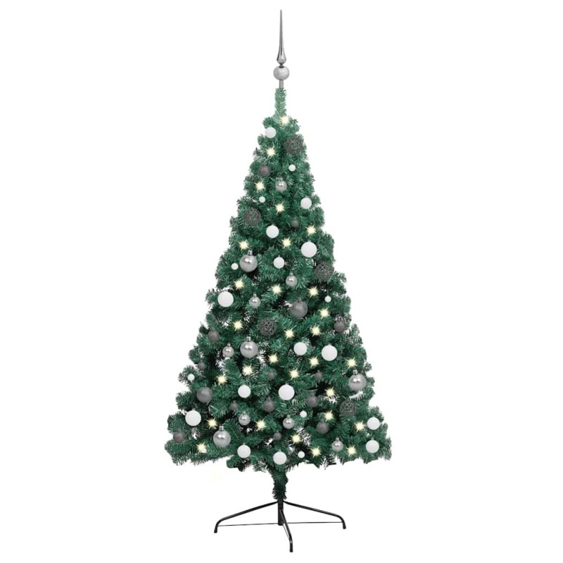 Demi-arbre de Noël artificiel pré-éclairé et boules vert 240 cm 