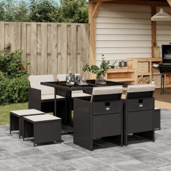 Ensemble à manger jardin 9pcs et coussins noir résine tressée 
