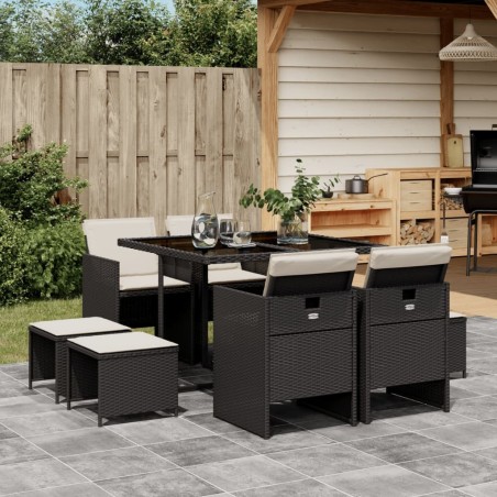 Ensemble à manger jardin 9pcs et coussins noir résine tressée 