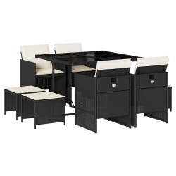 Ensemble à manger jardin 9pcs et coussins noir résine tressée 