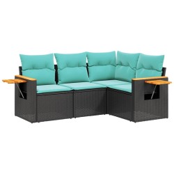 Salon de jardin 4 pcs avec coussins noir résine tressée 