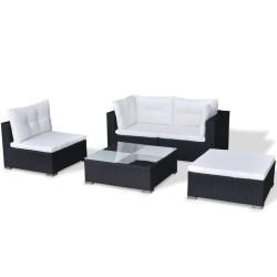 Salon de jardin 5 pcs avec coussins Résine tressée Noir 