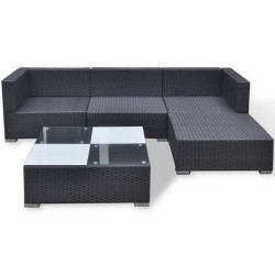Salon de jardin 5 pcs avec coussins Résine tressée Noir 