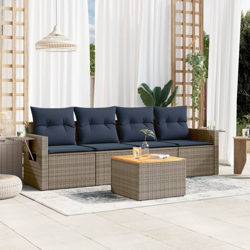 Salon de jardin 5 pcs avec coussins gris résine tressée 