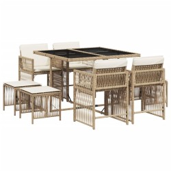 Ensemble à manger de jardin et coussins 9 pcs beige Poly rotin 