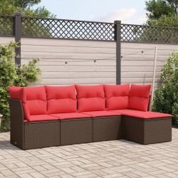 Salon de jardin avec coussins 5 pcs marron résine tressée 