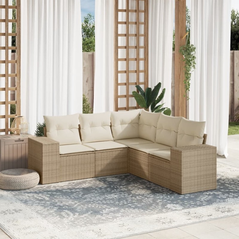 Salon de jardin avec coussins 5 pcs beige résine tressée 
