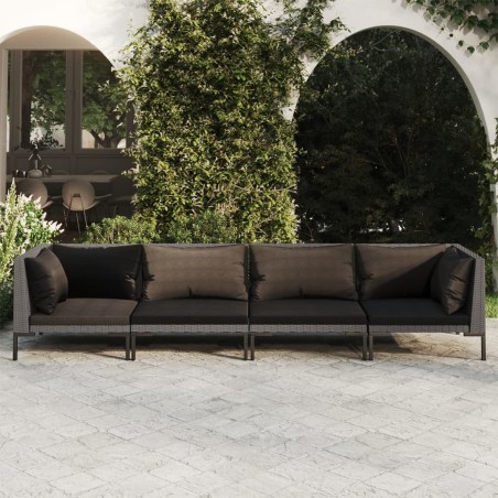 Salon de jardin 4 pcs avec coussins Résine tressée Gris foncé 