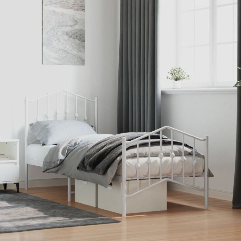 Cadre de lit métal sans matelas avec pied de lit blanc 75x190cm 