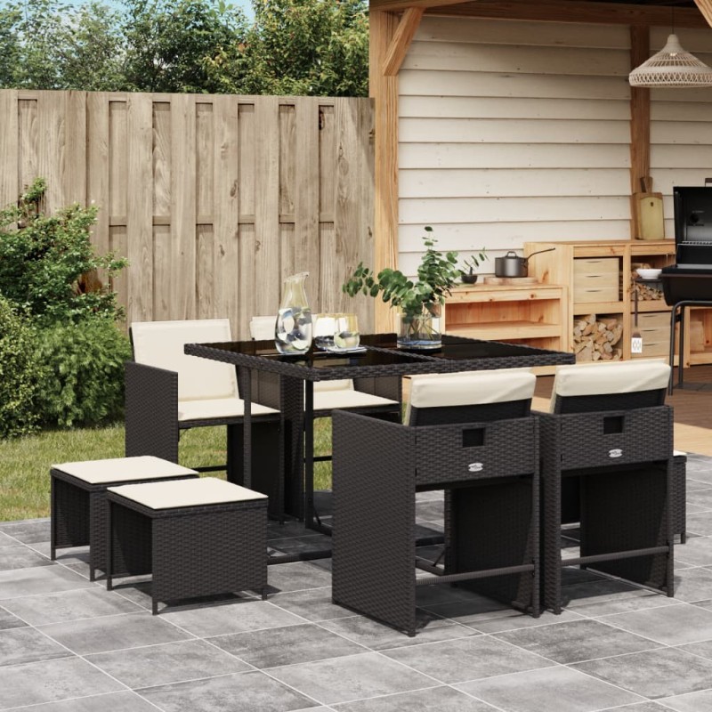 Ensemble à manger de jardin 9pcs coussins noir résine tressée 