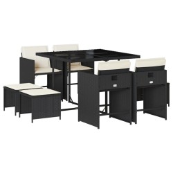 Ensemble à manger de jardin 9pcs coussins noir résine tressée 