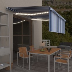 Auvent manuel rétractable avec store et LED 4x3 m Bleu et blanc 