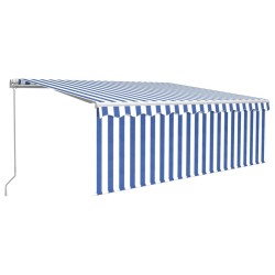 Auvent manuel rétractable avec store et LED 4x3 m Bleu et blanc 