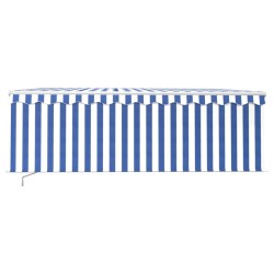 Auvent manuel rétractable avec store et LED 4x3 m Bleu et blanc 
