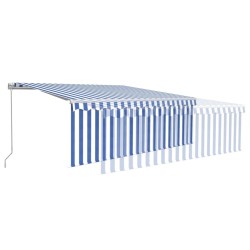 Auvent manuel rétractable avec store et LED 4x3 m Bleu et blanc 