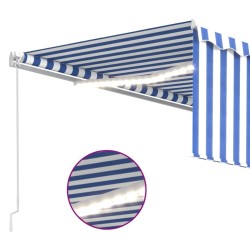 Auvent manuel rétractable avec store et LED 4x3 m Bleu et blanc 
